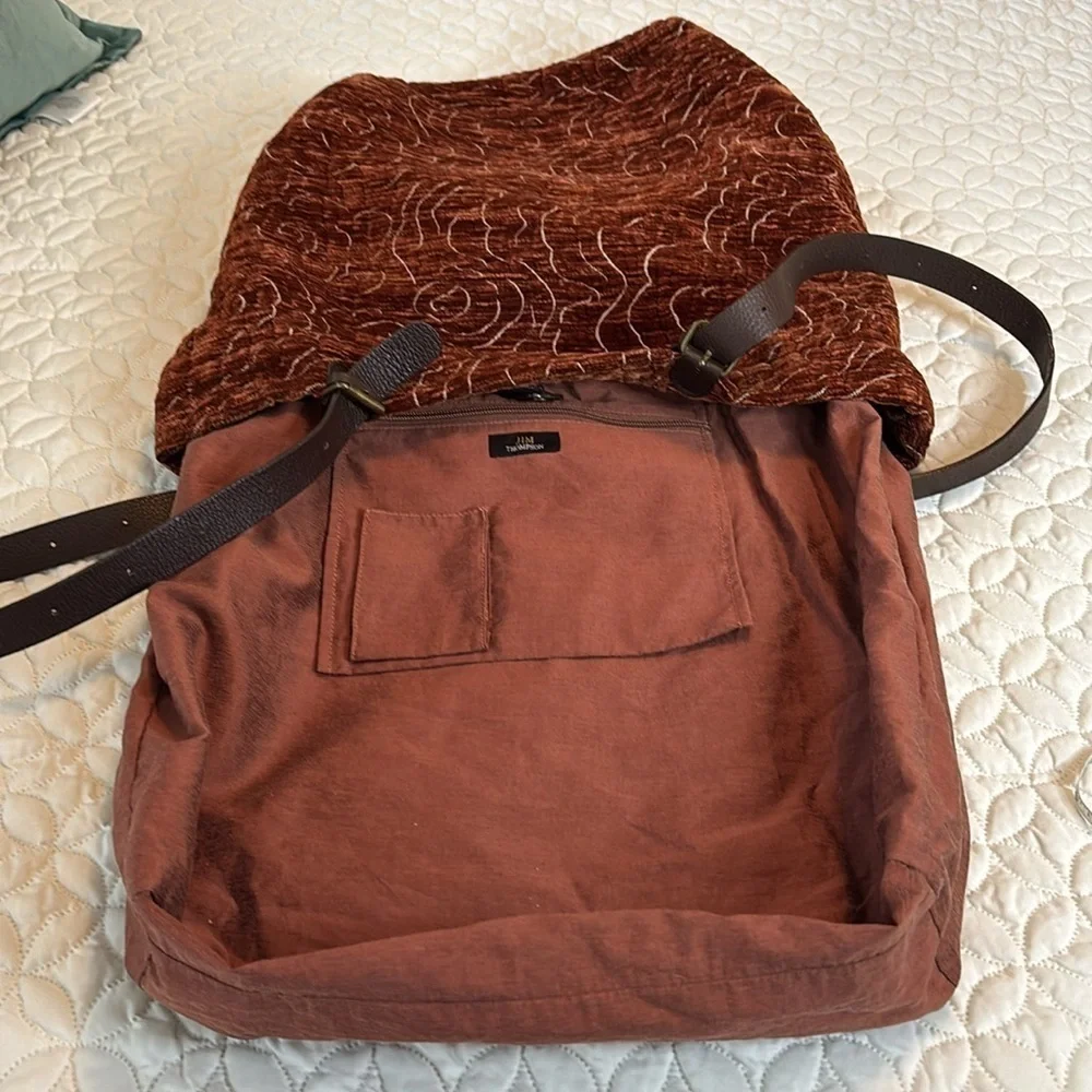 Jim Thompson Quilted Textured Velour Hobo Bag W/ Leather Straps Raw Silk Lining